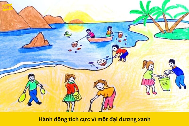 Vẽ tranh bảo vệ môi trường biển: Tiếng nói từ đại dương Tranh vẽ bảo vệ môi trường biển ý nghĩa với hình ảnh trẻ em chung tay dọn rác trên bãi biển