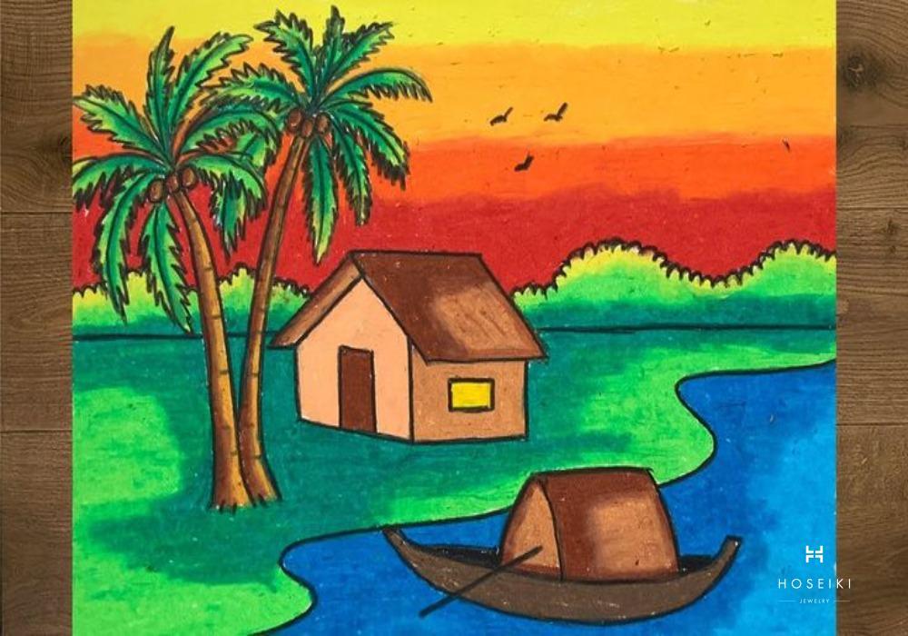 Bé tập vẽ tranh phong cảnh đồng lúa chín vàng và ngôi nhà nhỏ xinh