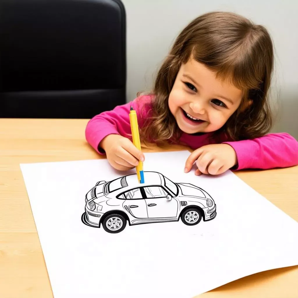 Bé gái đang tỉ mỉ tô màu cho bức tranh chiếc ô tô mơ ước với nhiều chi tiết sáng tạo