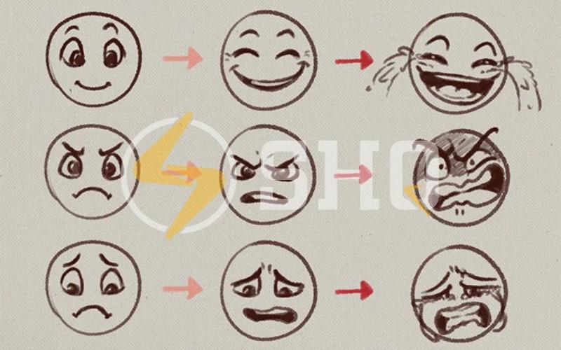 Bộ sưu tập các biểu cảm khuôn mặt chibi khác nhau như vui buồn giận ngạc nhiên trên cùng một nhân vật