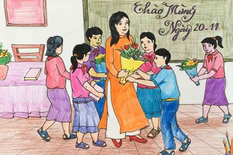 Bí Quyết Vẽ Tranh 20-11 Đơn Giản Đẹp Lớp 12 Dành Cho Bạn Tranh vẽ các biểu tượng tri thức như sách vở, hoa tặng thầy cô ngày 20-11 bởi học sinh lớp 12