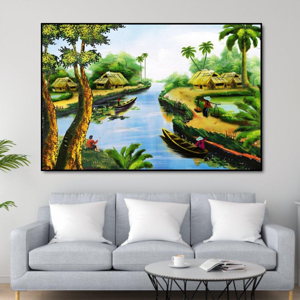 Bức tranh quê hương thanh bình với cảnh hoàng hôn trên dòng sông quê