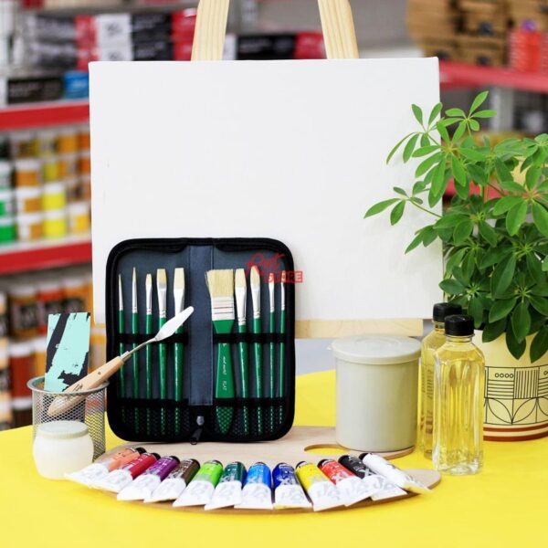 Khám Phá Hành Trình Học Vẽ Tranh Acrylic Từ Cơ Bản Bộ dụng cụ cơ bản đầy đủ cho người mới bắt đầu học vẽ tranh acrylic tại nhà gồm màu, cọ, toan