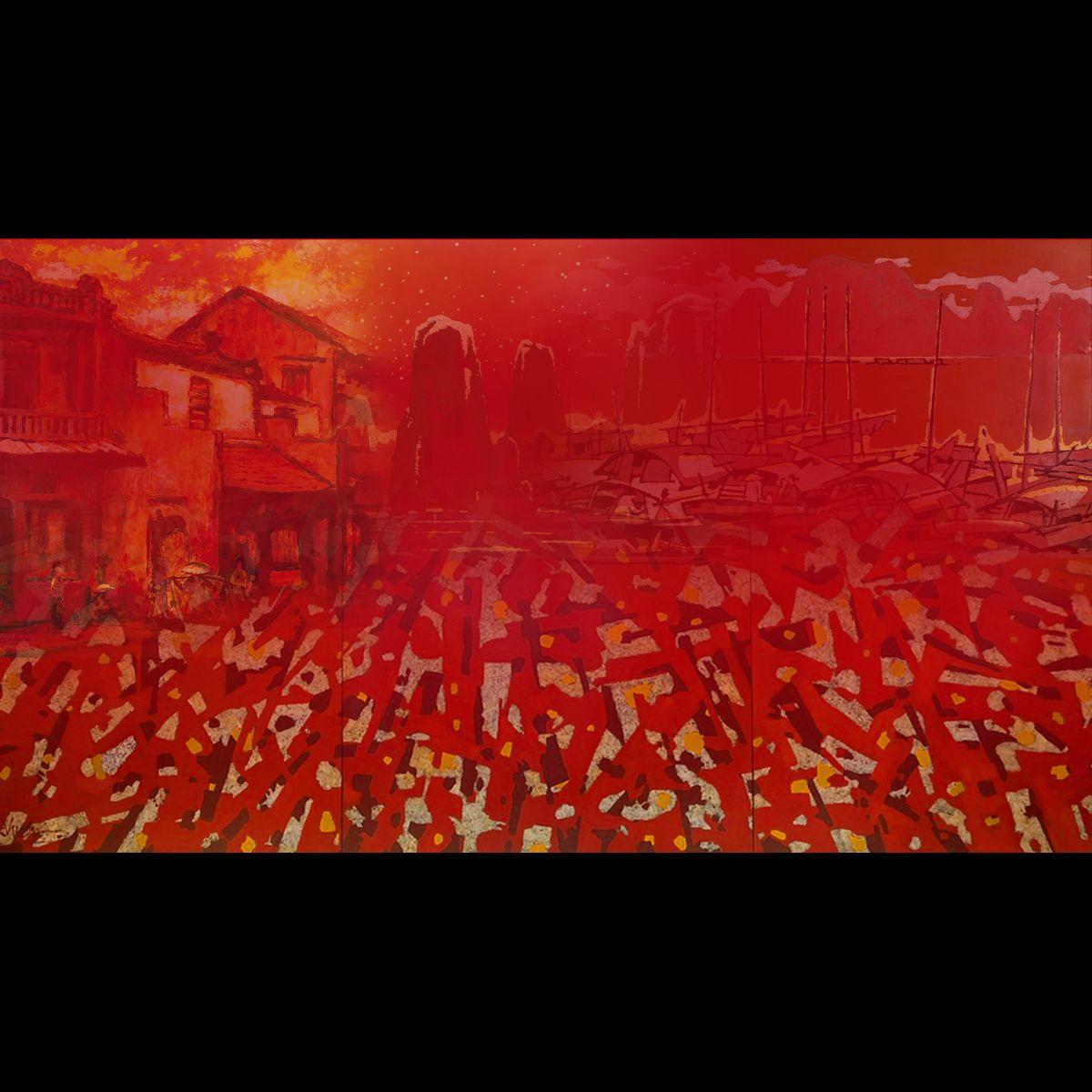 Hình ảnh một họa sĩ đang ngồi phác họa nhanh khung cảnh lễ hội truyền thống Việt Nam đầy màu sắc