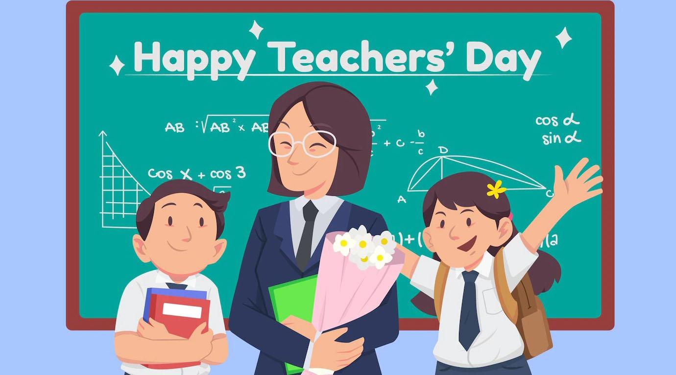 Tranh vẽ học sinh tặng hoa tri ân thầy cô giáo nhân ngày 20 tháng 11 thật cảm động