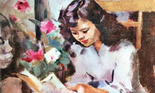 Bức tranh lụa Việt Nam đầu thế kỷ 20 vẽ thiếu nữ bên hoa sen