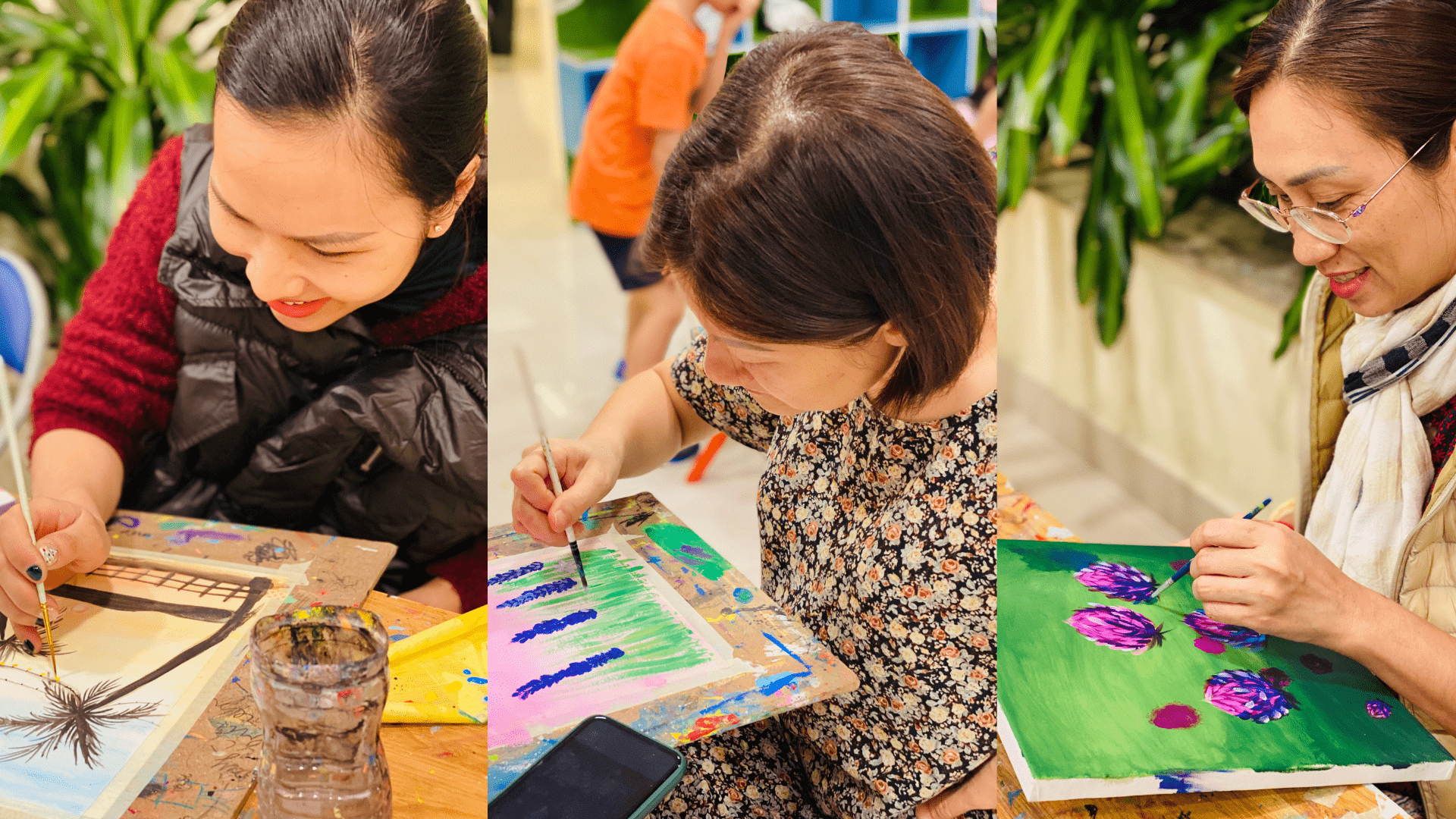 Không gian học tập tràn ngập ánh sáng tự nhiên tại trường mỹ thuật công nghiệp với các tác phẩm nghệ thuật treo tường