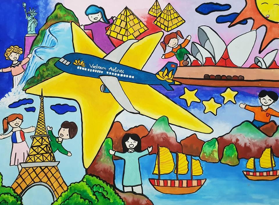 Tranh vẽ ngôi trường mơ ước của em đẹp nhất sử dụng màu sắc rực rỡ và bố cục hài hòa