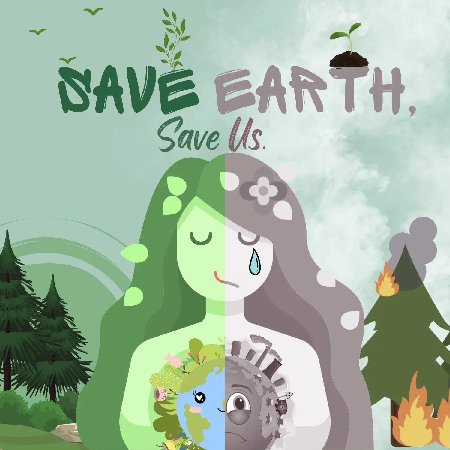 Bố cục và màu sắc ấn tượng trong tranh vẽ nói không với rác thải nhựa, nhấn mạnh thông điệp bảo vệ môi trường