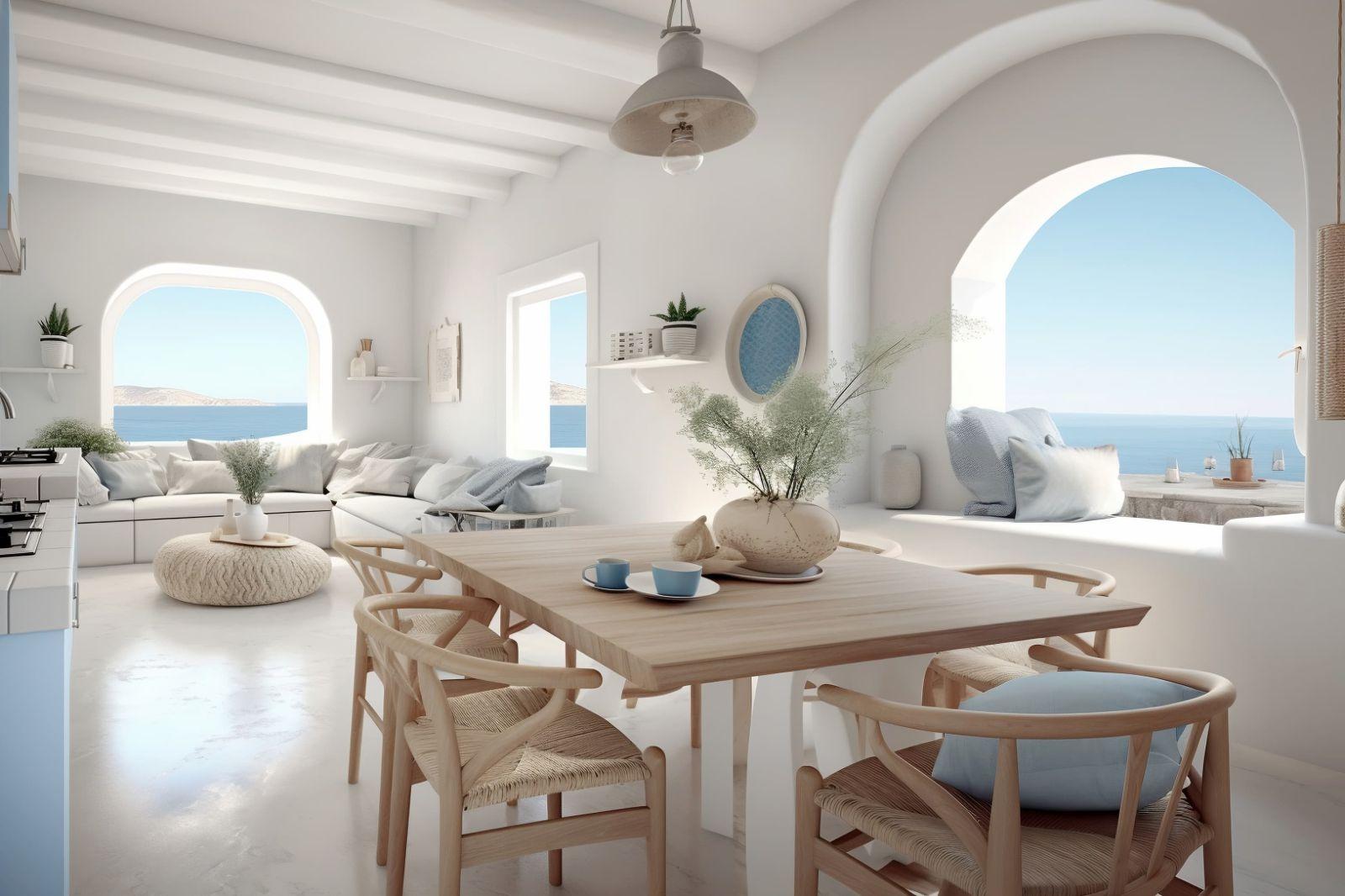 Bảng màu đặc trưng của kiến trúc Địa Trung Hải với sắc trắng, xanh dương và đất nung trên tường nhà