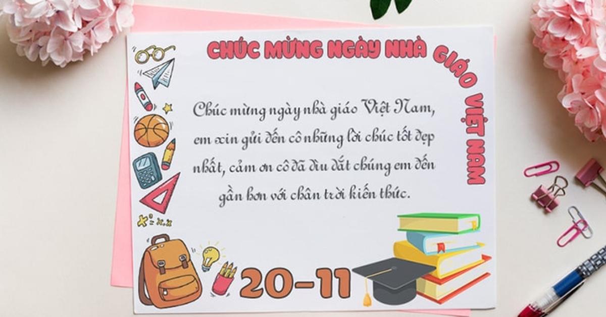 Mẫu thiệp 20 tháng 11 hoàn thiện đẹp mắt với hoa nhiều màu và lời chúc ý nghĩa gửi tặng thầy cô giáo