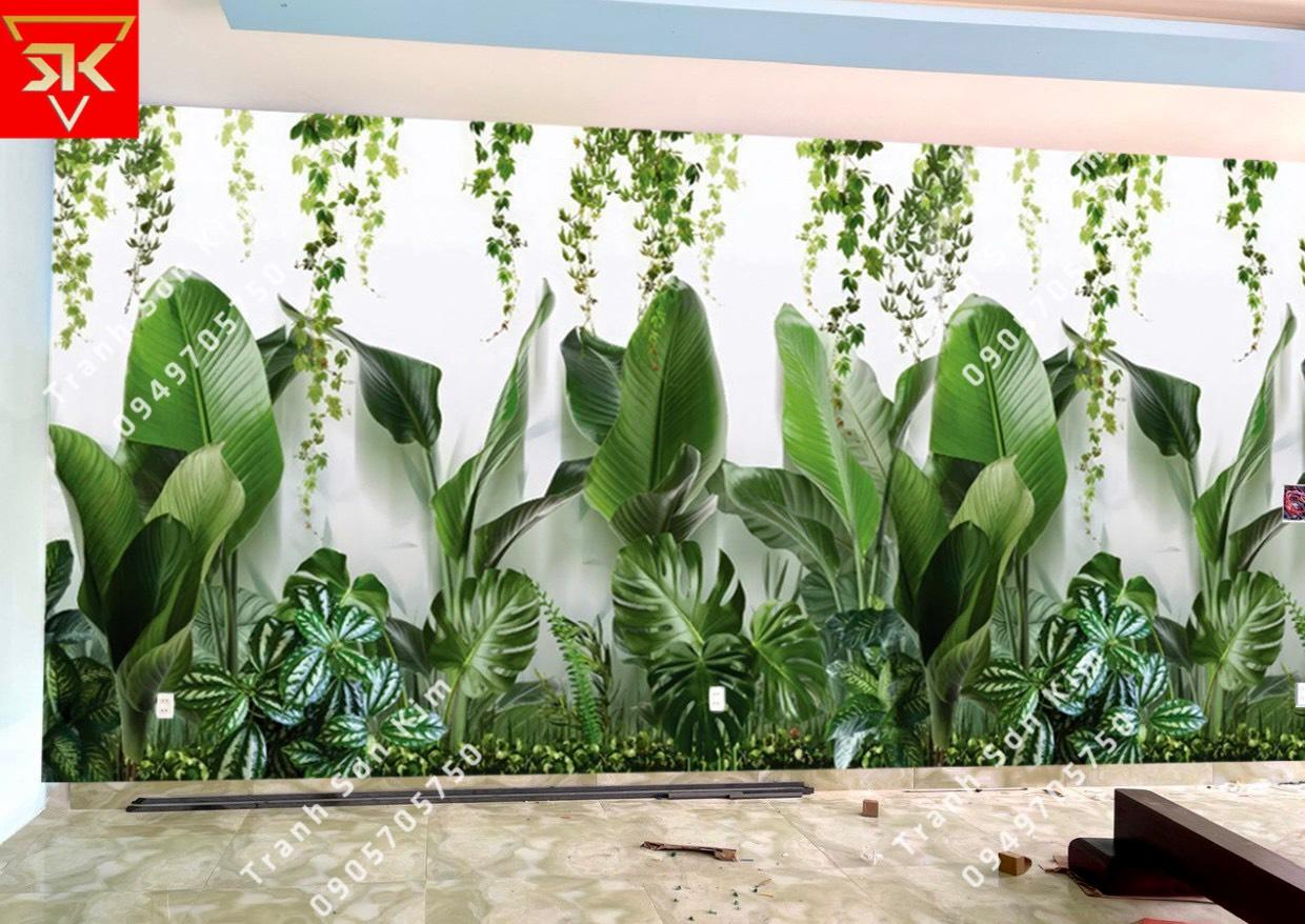 Mẫu tranh tường quán cafe chủ đề thiên nhiên với cây cỏ hoa lá xanh mát và thư giãn
