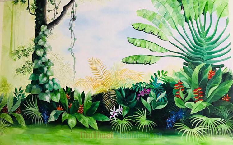 Mẫu tranh vẽ tường phòng khách đẹp nhất với chủ đề phong cảnh thiên nhiên hùng vĩ và yên bình, tạo cảm giác thư thái