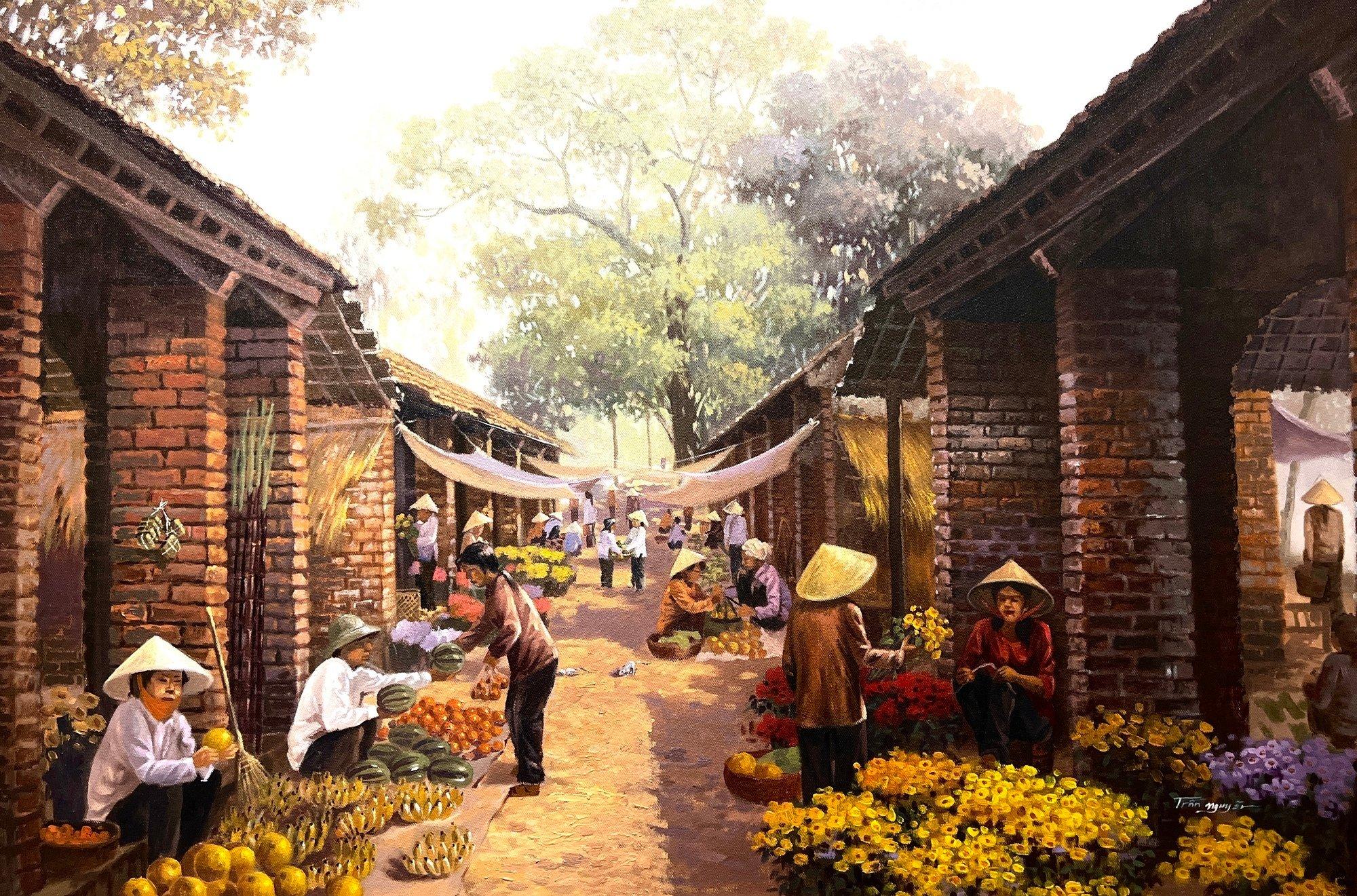 Tác phẩm hội họa ngày Tết vẽ cảnh gói bánh chưng lưu giữ nét đẹp truyền thống