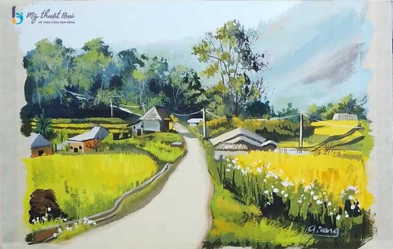 phác thảo bố cục tổng thể cho bức tranh phong cảnh làng quê Việt Nam yên bình