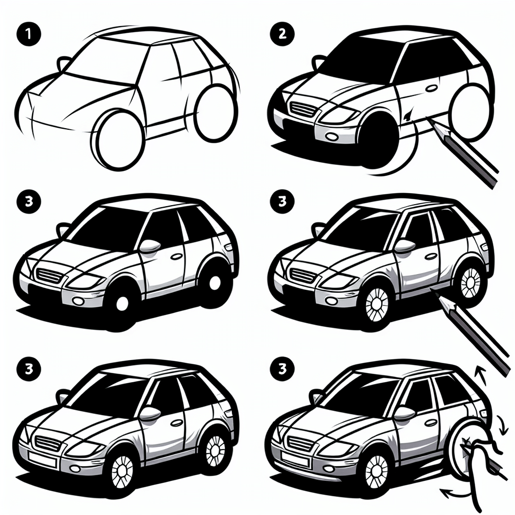 Phác thảo khung xe ô tô đơn giản bằng các hình khối chữ nhật, hình thang và hình tròn cơ bản