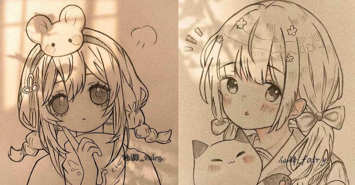 Các bước phác thảo khuôn mặt anime nữ đơn giản với các đường kẻ định hình tỷ lệ