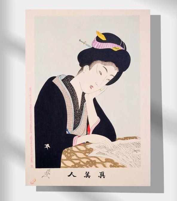 Tranh vẽ Nhật Bản phong cách Ukiyo-e khắc họa hình ảnh geisha duyên dáng và các chi tiết trang phục tinh xảo