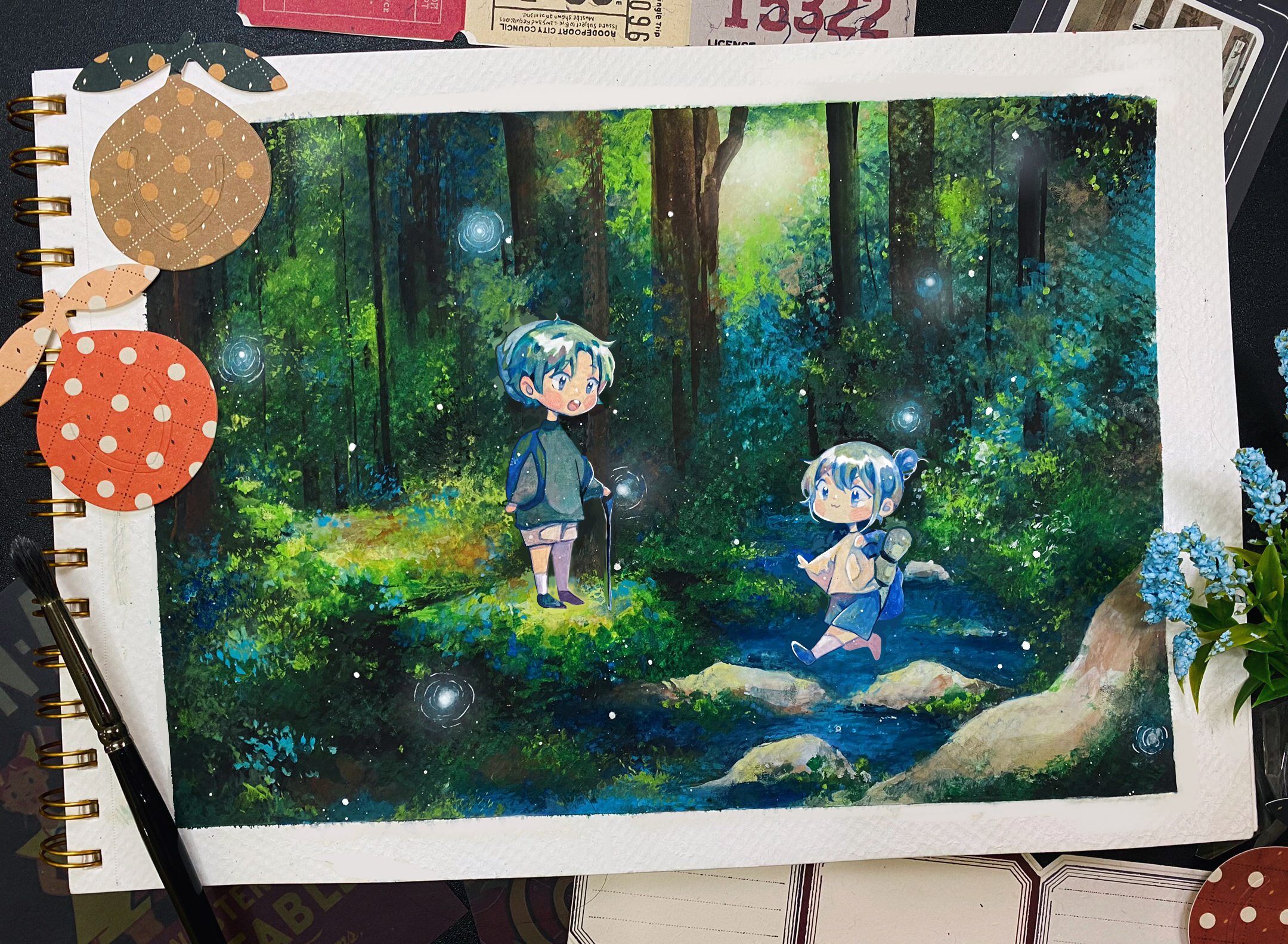 Bức tranh vẽ cảnh phiêu lưu khám phá một khu rừng kỳ ảo với những sinh vật huyền bí và cây cối khổng lồ