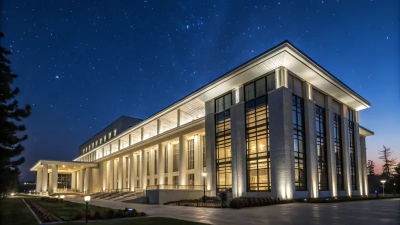 Thiết kế chiếu sáng mặt đứng công trình kiến trúc hiện đại vào ban đêm rực rỡ