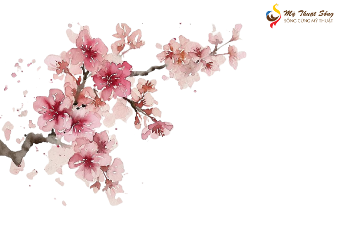 Hướng dẫn tô màu hoa đào và cành cây đào Tết đơn giản từng bước với các sắc độ hồng và nâu