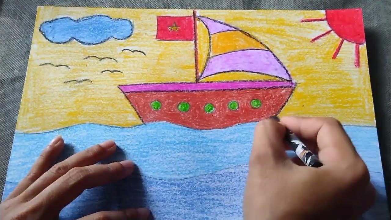 Bé lớp 1 vẽ tranh phong cảnh biển với thuyền buồm và mặt trời đỏ
