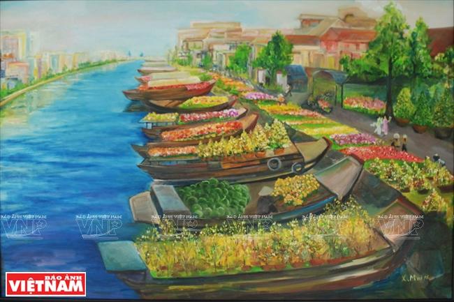 Bức tranh phong cảnh ngày Tết với hoạt động nấu bánh chưng truyền thống của Việt Nam