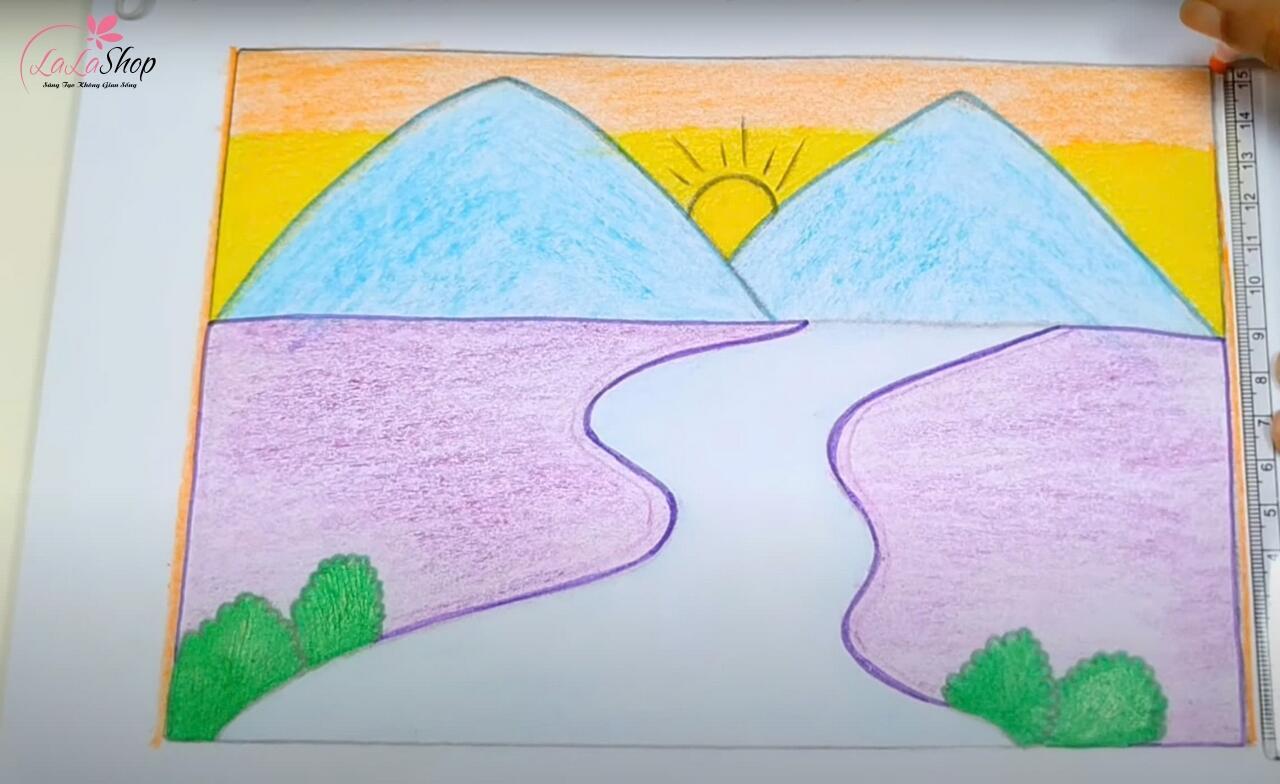 Tranh vẽ phong cảnh bằng sáp dầu đơn giản với bầu trời xanh, mây trắng và cây cối xanh tươi