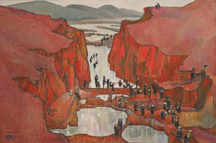 Tranh vẽ về quê hương đất nước bằng chất liệu sơn dầu tả cảnh núi non hùng vĩ của Việt Nam