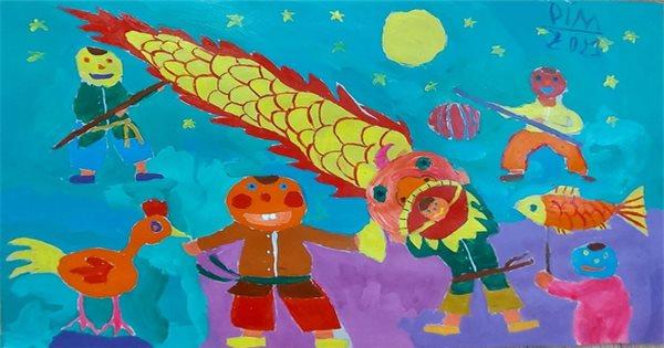 Bức tranh vẽ đề tài lễ hội trung thu tái hiện cảnh gia đình nhiều thế hệ cùng nhau phá cỗ trông trăng ấm cúng