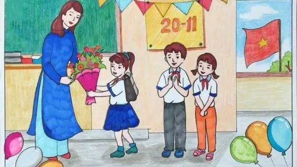 Tranh vẽ chủ đề 20 11 hình ảnh học sinh vui mừng khoe điểm mười với cô giáo