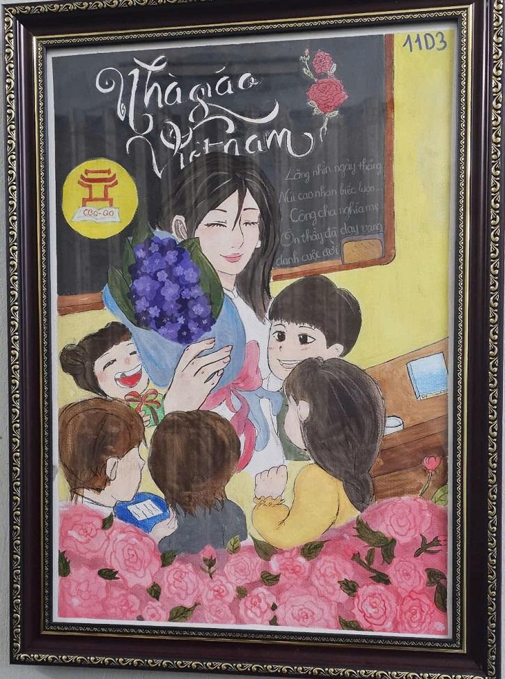 Tranh vẽ chủ đề 20 11 khắc họa hình ảnh thầy giáo tận tụy giảng bài trên bục giảng