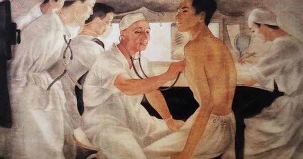 tranh vẽ nghề bác sĩ đang ân cần chăm sóc bệnh nhân nữ lớn tuổi với nụ cười hiền hậu, ấm áp