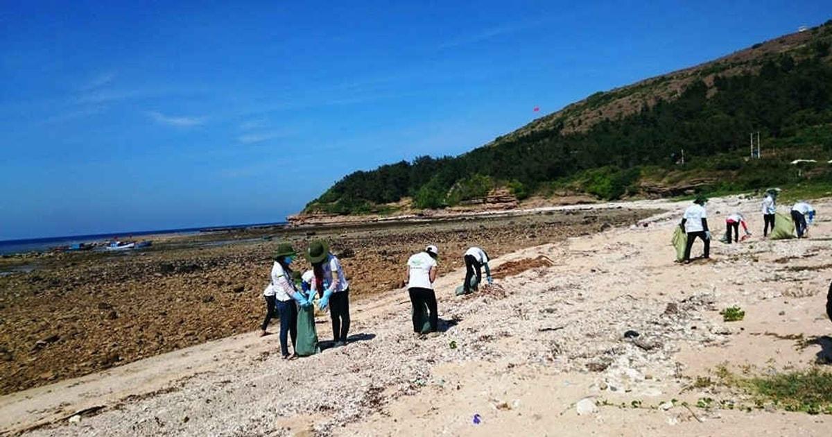 Tranh vẽ hoạt động dọn rác trên bãi biển và bảo vệ sinh vật biển, kêu gọi gìn giữ môi trường biển đảo xanh sạch