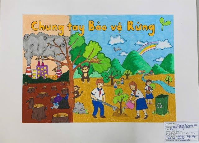 Bức tranh màu nước ấn tượng về đề tài bảo vệ rừng với gam màu xanh chủ đạo và thông điệp ý nghĩa