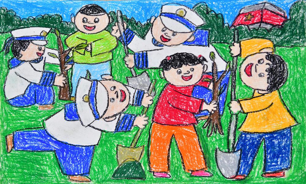 Tranh vẽ chú bộ đội hải quân vui đùa cùng các em thiếu nhi trên đảo