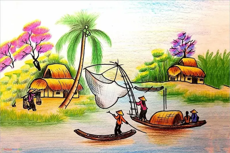 Tranh vẽ chưa tô màu phong cảnh núi non và sông nước đơn giản