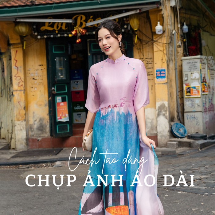 Tranh vẽ cô gái Việt Nam duyên dáng trong tà áo dài truyền thống bên khung cảnh cổ kính nên thơ