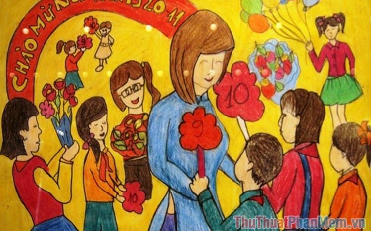 Gợi Ý Vẽ Tranh 20/11 Tặng Cô Giáo Đong Đầy Yêu Thương Tranh vẽ cô giáo và học sinh vui vẻ sum vầy bên nhau trong ngày Nhà giáo Việt Nam 20/11