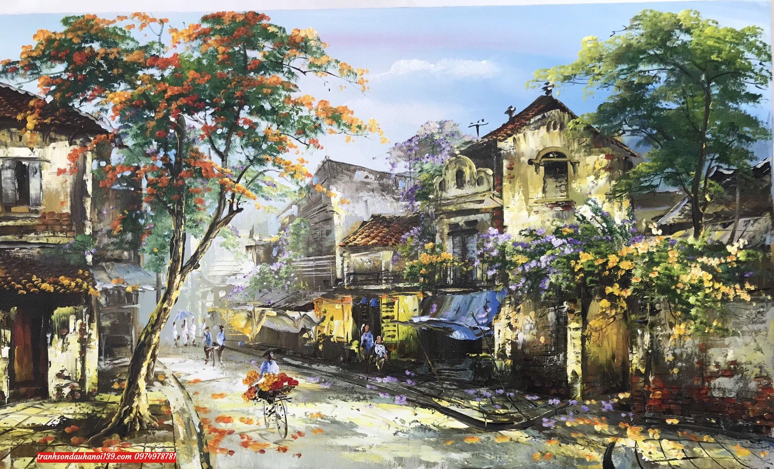 Tranh vẽ về Hà Nội bằng chất liệu sơn dầu tả cảnh phố cổ nhộn nhịp và đầy màu sắc