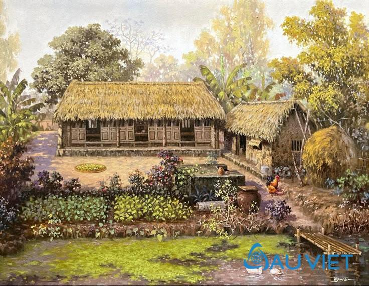 Khám phá vẻ đẹp **tranh vẽ cảnh quê hương** Việt Nam Bức tranh vẽ cảnh làng quê Việt Nam thanh bình với dòng sông và lũy tre xanh