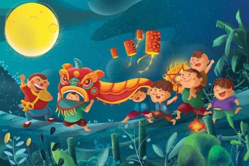 Tranh vẽ lễ hội trung thu cảnh trẻ em rước đèn ông sao lung linh dưới ánh trăng rằm