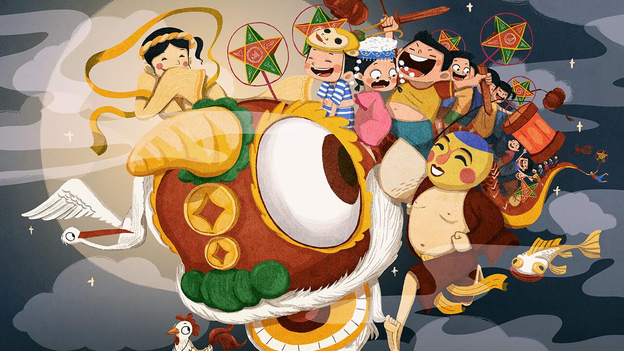 Tranh vẽ các em thiếu nhi đang vui vẻ rước đèn ông sao trong đêm Tết Trung Thu dưới ánh trăng rằm sáng tỏ