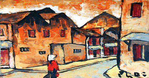 Bức tranh vẽ cảnh phố cổ Hà Nội với gánh hàng rong và sinh hoạt đời thường của người dân trên phố