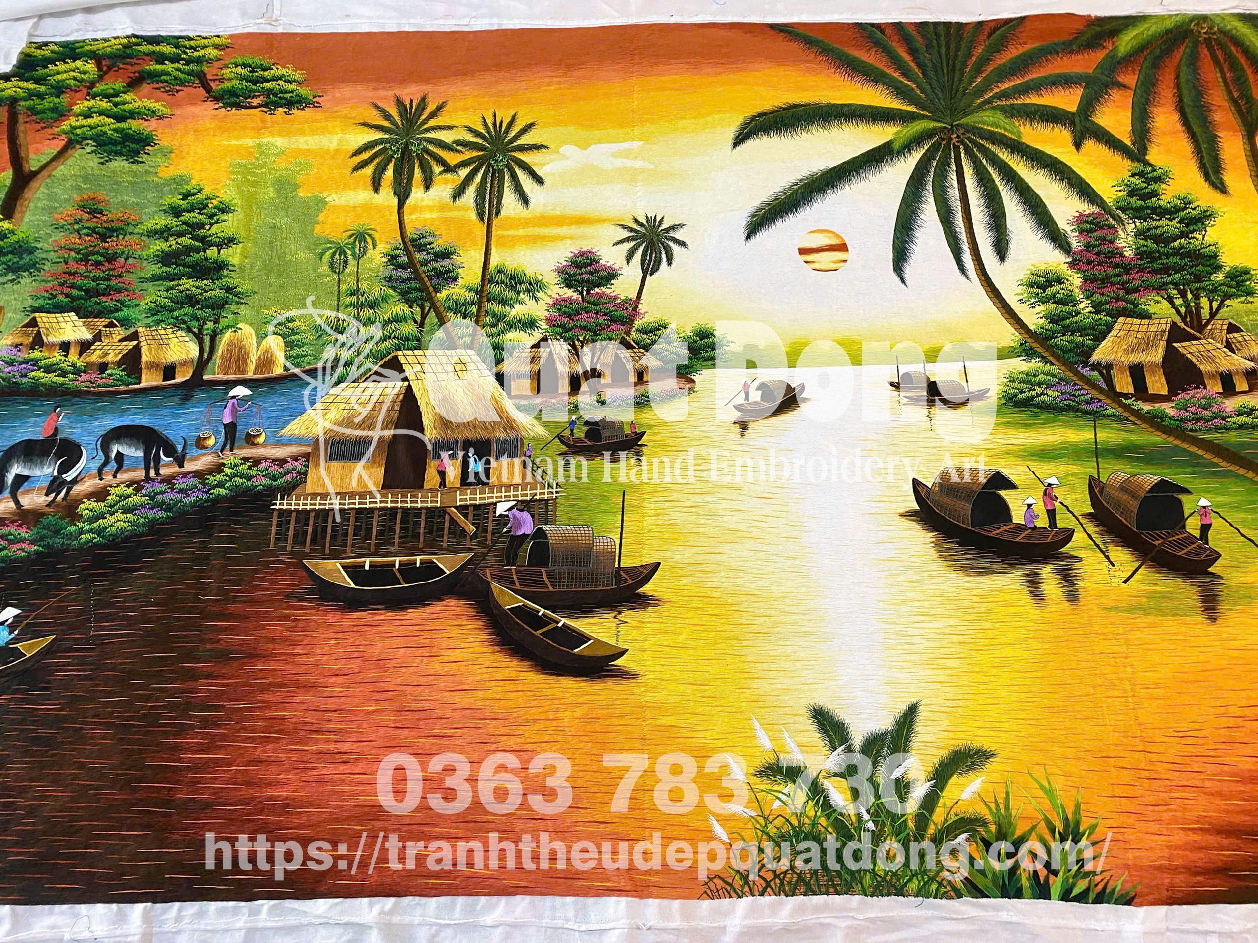 Chi tiết tranh vẽ phong cảnh làng quê Việt Nam với mái nhà tranh, lũy tre xanh và con đường đất mộc mạc