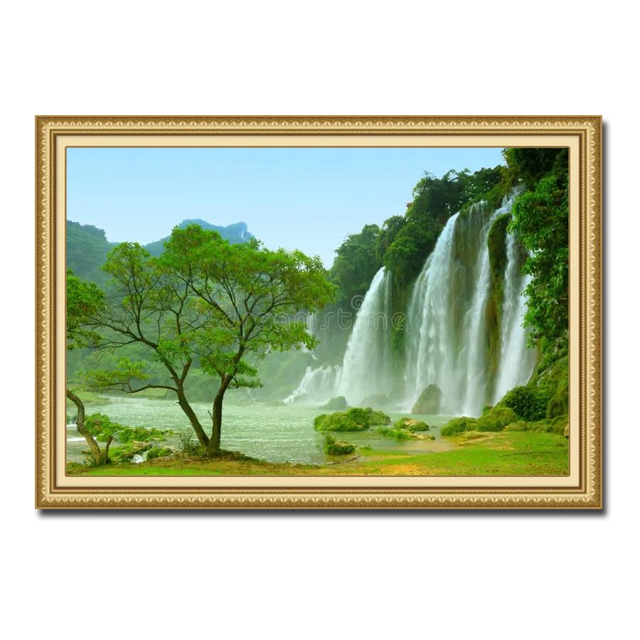 Tranh vẽ về biển đảo quê hương với góc nhìn từ trên cao xuống một hòn đảo xanh mát