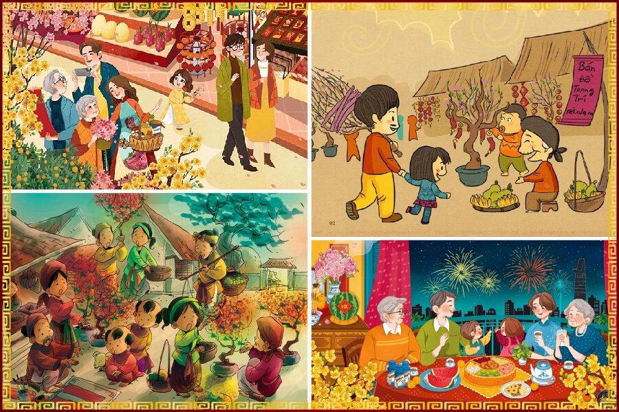 Bức tranh em bé nhận lì xì ngày Tết lớp 4 đơn giản và vui vẻ nhất