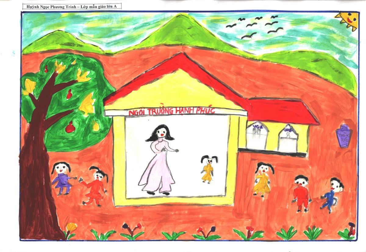 Bức tranh về ước mơ của em: ngôi trường xanh, sạch, đẹp, nhiều cây, sân chơi rộng