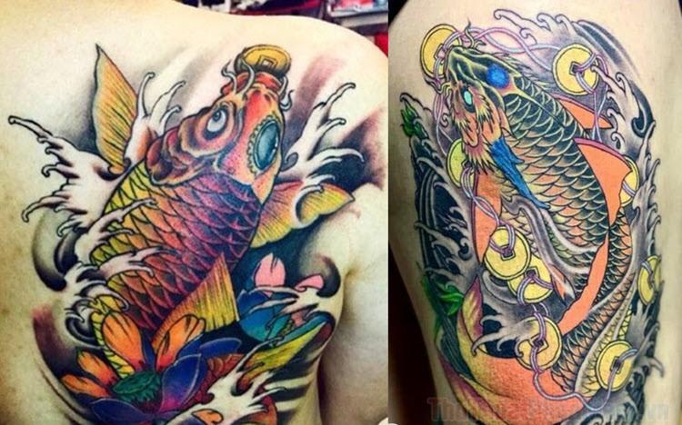 Mẫu vẽ hình xăm cá chép kết hợp hoa sen và sóng nước đầy tính nghệ thuật