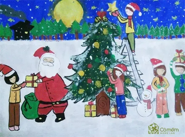 Gợi ý cách vẽ tranh giáng sinh đẹp nhất với hình ảnh cây thông Noel lung linh và các món quà xinh xắn đặt bên dưới